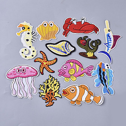 Honeyhandy Computerized Embroidery Cloth Iron On/Sew On Patches, Appliques,Sea Horse & Shell& Crab & Spiral & Sea Grass & Fish & Starfish/Sea Stars & Shark & Jellyfish, Mixed Color, 50~109x41~91x1.5mm, 120pcs/bag