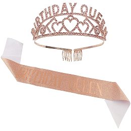 AHANDMAKER Birthday Queen Crown Sash, Party Supplies Birthday Queen Light Coral Aolly Crown with Rhinestone and Sash for Women Birthday Party Decorations