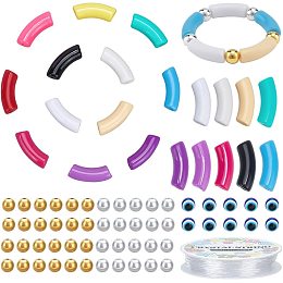 PandaHall Elite 122pcs Acrylic Tube Beads, 12 Colors Curved Bamboo Beads Chunk Slide Beads Noodle Loose Beads with Spacer Beads and Thread for Summer Friendship Bamboo Bracelet Keychain Jewelry Making