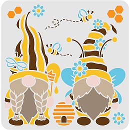 FINGERINSPIRE 2 Gnomes Stencils Decoration Template 11.8x11.8 inch Plastic Gnome with Bees Honey Drawing Painting Stencils Square Reusable Stencils for Painting on Wood, Floor, Wall and Tile