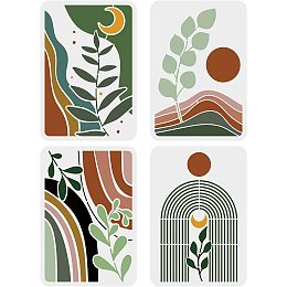 FINGERINSPIRE 4PCS Boho Sunrise Stencil 11.7x8.3 inch Tropical Plant Leaves Stencil Sun Moon Reusable Stencils Large Valley Scene Stencils Template River Painting Stencil for Wood Canvas Paper