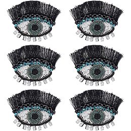 AHANDMAKER 6 Pcs Evil Eye Beaded Patches for Clothes, Black Evil Eye Sequined Patch with Tassel Eyelash, Sew on Rhinestone Beaded Applique for Clothes Jackets Jeans Bags, 4.6x3.15 Inch