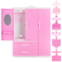 PandaHall Elite 1 Set Plastic Doll Wardrobe, with 40pcs Plastic Doll Clothes Hangers, Pearl Pink, Wardrobe: 220x155x46mm; Hangers: 33~46.5x46.5~67x2~5mm