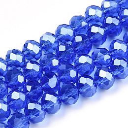 Electroplate Glass Beads Strands, Pearl Luster Plated, Faceted, Rondelle, Medium Blue, 10x8mm, Hole: 1mm, about 65~66pcs/strand, 20.8~21.2 inch(53~54cm)