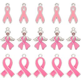 SUNNYCLUE 1 Box 30Pcs 3 Style Cancer Awareness Charms Breast Cancer Ribbon Charms Breast Cancer Awareness Charms Beads Hope Pink Ribbon Charm for Jewelry Making Charms DIY Bracelet Necklace Crafts