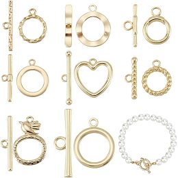 PandaHall Elite 16 Sets Round Toggle Clasps, 8 Style 16k Gold Plated Bracelet Closure Clasps Alloy Toggle Clasps Connectors Metal Bar and Ring Clasps for Necklace Jewelry Making DIY Crafts