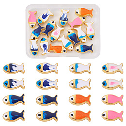 16Pcs 8 Colors Rack Plating Alloy Enamel Beads, Fish, Light Gold, Mixed Color, 17x8x4.5mm, Hole: 1.8mm, 2pcs/color