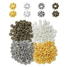 Honeyhandy 300Pcs 4 Colors Tibetan Style Alloy Daisy Spacer Beads, Granulated Beads, Mixed Color, 4x1.5mm, Hole: 1mm, 75pcs/color