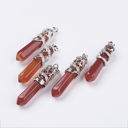 Honeyhandy Natural Carnelian Big Pointed Pendants, with Alloy Findings, Faceted, Bullet, Platinum, 59~63x11~12mm, Hole: 4x7mm