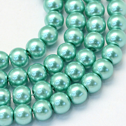 Baking Painted Pearlized Glass Pearl Round Bead Strands, Medium Aquamarine, 6~7mm, Hole: 1mm; about 145pcs/strand, 31.4 inches