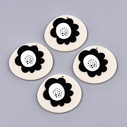 Honeyhandy Acrylic Pendants, 3D Printed, Flat Round with Flower Pattern, Antique White, 38x41x2.5mm, Hole: 1.5mm