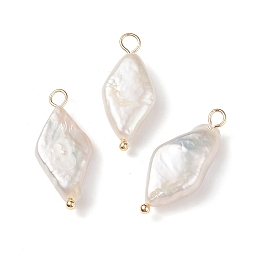 Honeyhandy Natural Keshi Pearl Pendants, Rhombus Charm, Cultured Freshwater Pearl, with Real 18K Gold Plated Brass Loops, Creamy White, 22.5~24.5x10~10.5x5~5.5mm, Hole: 2~2.5mm