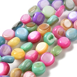 Honeyhandy Natural Freshwater Shell Beads Strands, Dyed, Flat Round, Colorful, 7~8.5x7~7.5x3~5.5mm, Hole: 0.5mm, about 49~50pcs/strand, 14.96''~15.04''(38~38.2cm)