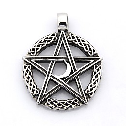 Honeyhandy Retro 304 Stainless Steel Ring with Pentagram Pendants, Antique Silver, 43x35x4mm, Hole: 5mm