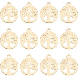 UNICRAFTALE 12pcs Golden Flat Round with Tree Charms Stainless Steel Pendants Metal Small Hole Charms for Necklaces Bracelets Jewelry Making, Hole 1.2mm