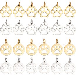 UNICRAFTALE 24pcs 2 Colors Flat Round with Dog Paw Prints Charm 2 Styles Dangle Hypoallergenic Charms Stainless Steel Pendants 13~14mm