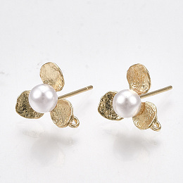 Honeyhandy Brass Stud Earring Findings, with Loop, ABS Plastic Imitation Pearl, Flower, Real 18K Gold Plated, 11x11.5mm, Hole: 1mm, Pin: 0.7mm