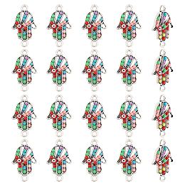 Arricraft 20Pcs Zinc Alloy Enamel Connector Charms, Hamsa Hand/Hand of Miriam with Evil Eye, Mixed Color, Antique Silver, 22x13x2.5mm, Hole: 1.5mm