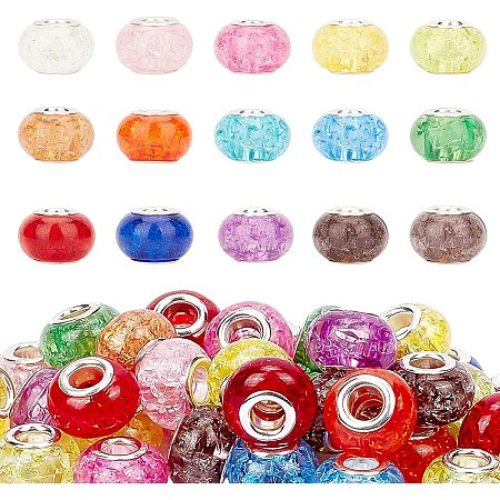 Crackle Resin European Beads, Large Hole Beads, with Silver Color Plated Brass Cores, Rondelle, Mixed Color, 13.5~14x8.5~9mm, Hole: 5mm; 15 colors, 6pcs/color, 90pcs/box