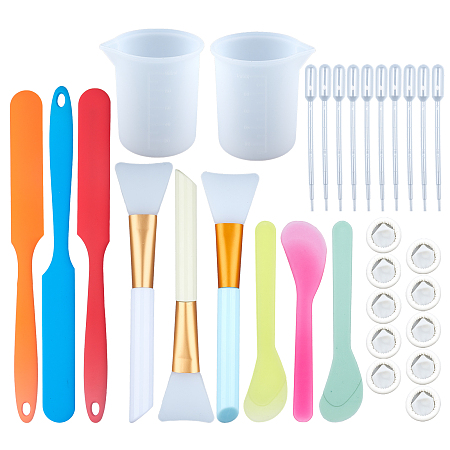 SUNNYCLUE Tool Sets, with Silicone Spatulas & Face Mask Brushes & Measuring Cup, Facial Mask Stick, Disposable Latex Finger Cots & Plastic Transfer Pipettes, Mixed Color, 31pcs/set