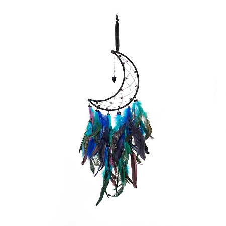 Honeyhandy Iron Wire Woven Web/Net with Feather Pendant Decorations, with Plastic Beads, Blue Goldstone Dangle Cone Pendants, Covered with Corduroy, Moon, Colorful, 610mm