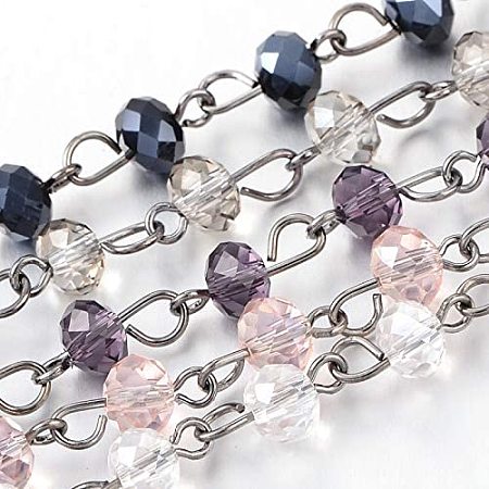 Arricraft 5 Strands 3.3 Feet Faceted Crystal Glass Beads Chain with Gunmetal Eye Pin for Necklaces Bracelets Jewelry Making