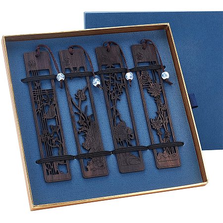 PandaHall Elite Wood Bookmark Gift Box Set, 4pcs Sandalwood Carving Book Mark 8.4