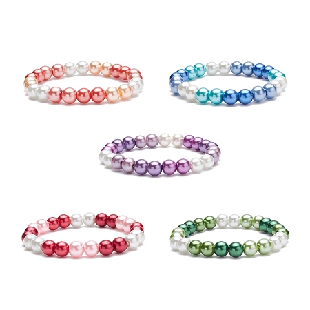 Honeyhandy Glass Pearl Round Beaded Stretch Bracelet for Women, Mixed Color, Inner Diameter: 2-1/8 inch(5.3cm), Bead: 8mm