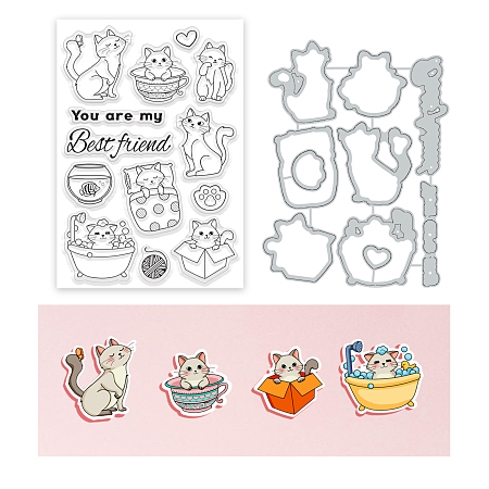 BENECREAT Cat Pattern Stamps and Dies for Card Making, Cat Bathing, Playing and Sleeping Clear Stamp and Cutting Die Sets for Holiday Card Making Decoration