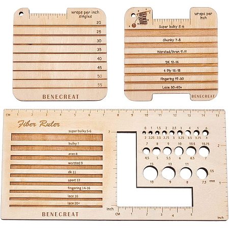 BENECREAT 3 Style Wood Knitting Needle Gauge and Ruler, Square Wood Spinning Control Card Knitting Tool for Spinners Yarn Measuring Tools Crochet Accessories