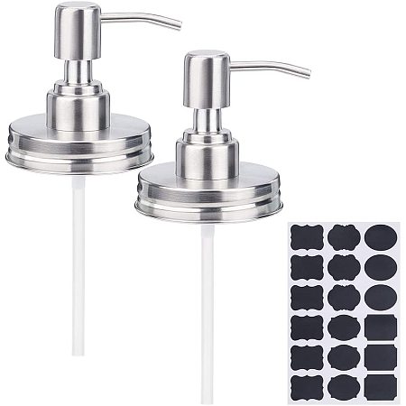 BENECREAT 4 Packs Stainless Steel Replacement Pump Dispenser Rust Proof Stainless Steel Lids with Sticker Labels, Pine Wood Pendants and Elastic Cord for Hand Soap, Dish Soap, Lotions