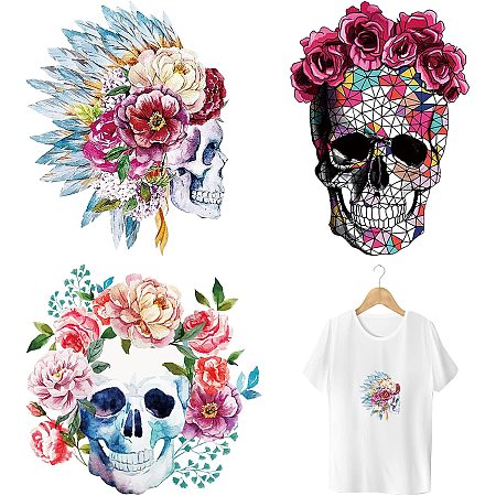 CREATCABIN Skull Iron On Stickers Set Halloween Skeleton Heat Transfer Patches for Shirt Decals Clothing Design Washable Heat Transfer Sticker Flower for Clothes Jackets Jeans Bags DIY Decoration 3pcs