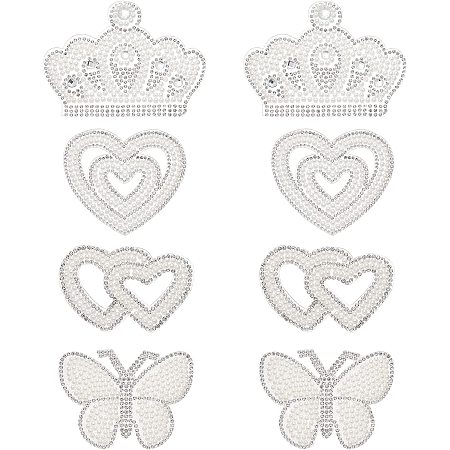 FINGERINSPIRE 8pcs Pearl Rhinestone Patches Iron/Sew on Crown/Butterfly/Heart Shape Rhinestone Applique Decoration Patches for Clothing Repair, Backpack, Shoes, Hat, DIY Craft