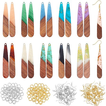 OLYCRAFT 110pcs Resin Wooden Earring Pendants Teardrop Resin Walnut Wood Earring Findings Vintage Resin Wood Statement Earring with Hooks and Jump Ring for Necklace and Earring Making - 11 Colors