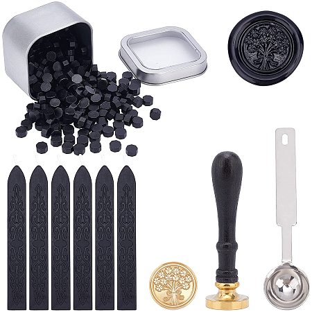 Pandahall Elite 208pcs Flower Wax Seal Stamp Kit, Black Sealing Wax Sticks Wax Beads with Melting Spoon and Square Tins for Halloween Cards Envelopes, Wedding Invitations, Wine Packages, Gift Wrapping