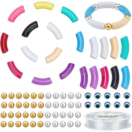 PandaHall Elite 122pcs Acrylic Tube Beads, 12 Colors Curved Bamboo Beads Chunk Slide Beads Noodle Loose Beads with Spacer Beads and Thread for Summer Friendship Bamboo Bracelet Keychain Jewelry Making