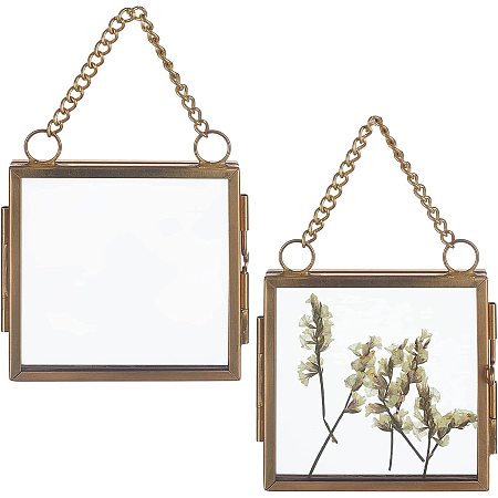 OLYCRAFT 2pcs Wall Hanging Mini Photo Frames Double Glass Picture Frame with Chain Folding Frame DIY Vintage Artwork Display Frames for Pressed Flowers Pictures Home Wall Decor 6x6cm/2.4x2.4inch