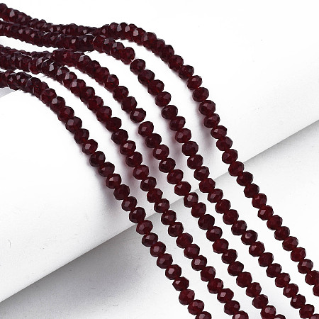 Honeyhandy Glass Beads Strands, Faceted, Rondelle, Dark Red, 4x3mm, Hole: 0.4mm, about 123~127pcs/strand, 16.5~16.9 inch(42~43cm)
