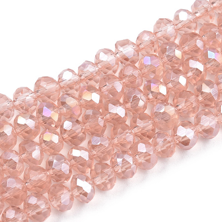 Honeyhandy Electroplate Glass Beads Strands, AB Color Plated, Faceted, Rondelle, Misty Rose, 6x5mm, Hole: 1mm, about 85~88pcs/strand, 16.1~16.5 inch(41~42cm)