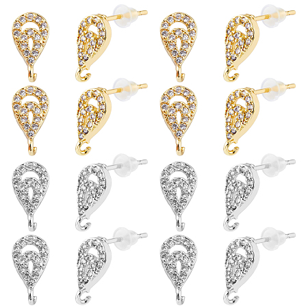 DICOSMETIC 8 Pairs 2 Colors Cubic Zirconia Stud Earring Teardrop Stud Earring Brass Ear Stud Component with Hole Golden Earring Post with Loop for DIY Earring Jewelry Making, Hole: 1mm, Pin:0.6mm