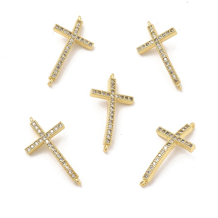 Honeyhandy Brass Micro Pave Clear Cubic Zirconia Connector Charms, Religion Cross Links, Real 18K Gold Plated, 31x16x3.5mm, Hole: 1.2mm