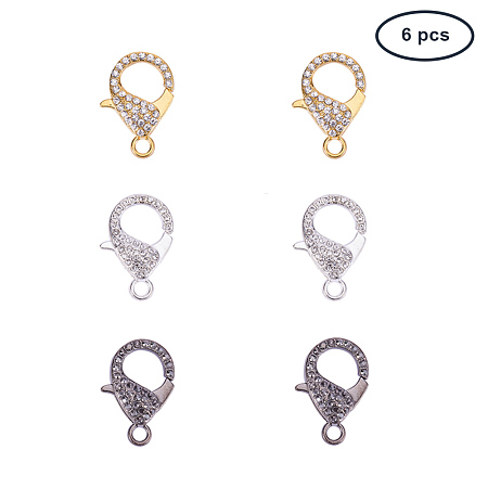 PandaHall Elite 6 Pcs Alloy Rhinestone Lobster Claw Clasps Chain Connector 31x22x7mm for Jewelry Making 3 Colors
