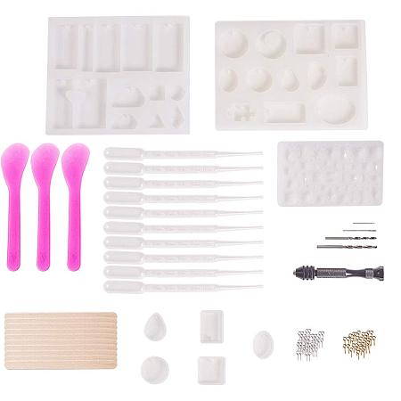 PandaHall Elite 8 Pack Clear Jewelry Silicone Casting Mold with Tools Set-10 pcs Plastic Dropper, 10 pcs Wooden Stick, 100 pcs Screw Eye Pin, 3 pcs Plastic Scoops