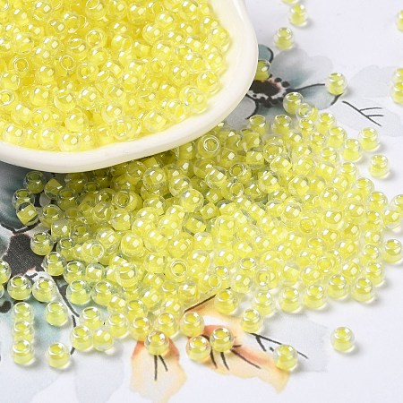 Glass Seed Beads, Inside Colours Lustered, Round, Yellow, 4x3mm, Hole: 1.4mm, about 7650pcs/pound