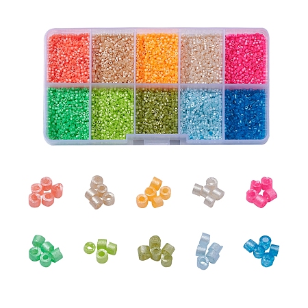 ARRICRAFT 8000Pcs 10 Colors Fluorescent Color Glass Bugle Beads, Seed Beads, Baking Paint, Round Hole, Mixed Color, 1.5~2x1~2mm, Hole: 0.8mm, 1000pcs/color