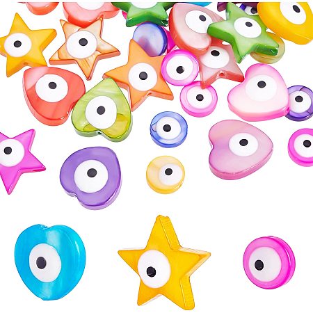 PandaHall Elite 30pcs Natural Freshwater Shell Beads, 3 Style Evil Eye Beads Summer Enamel Beads Heart Star Round Double-Faced Dyed Beads for Boho Hawaii Bracelets Necklace Jewelry Making