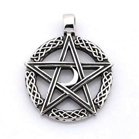 Honeyhandy Retro 304 Stainless Steel Ring with Pentagram Pendants, Antique Silver, 43x35x4mm, Hole: 5mm