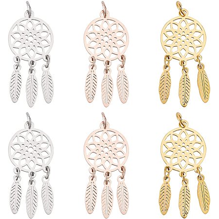 UNICRAFTALE 6pcs 3 Colors Dangling Dream Catcher Charm Woven Net Web with Feather Charm Stainless Steel Pendants with Jump Rings for Jewelry Making 3mm Hole