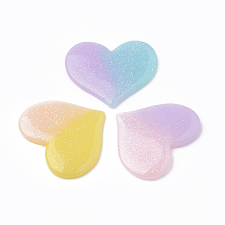Honeyhandy Resin Cabochons, with Glitter Powder, Imitation Jelly Style, Two Tone, Heart, Mixed Color, 30.5x36x3mm