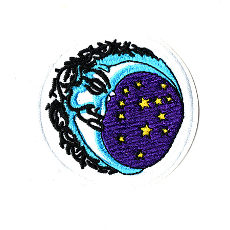 Honeyhandy Computerized Embroidery Cloth Iron on/Sew on Patches, Costume Accessories, Appliques, Flat Round with Moon and Star, Midnight Blue, 75mm